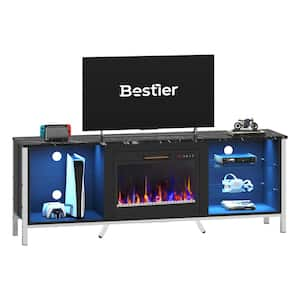 70.87 in. Black Marble TV Stand with Fireplace and Glass Shelves Fits TVs up to 75 in. LED Entertainment Center