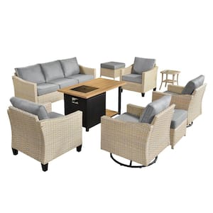 Oconee 9-Piece Wicker Patio Conversation Sofa Set with Swivel Rocking Chairs, a Storage Fire Pit and Dark Gray Cushions