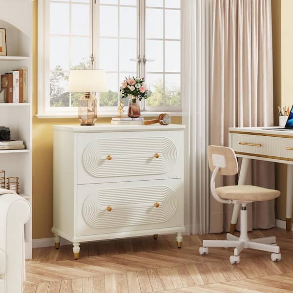 BYBLIGHT Atencio 2-Drawer White and Gold Wood 31.49 in. File Cabinet, Lateral File Cabinet