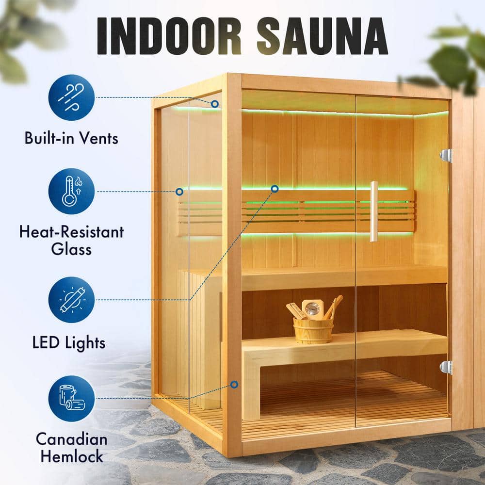 Natural Canadian Hemlock 4-Person Indoor Sauna with Glass Door