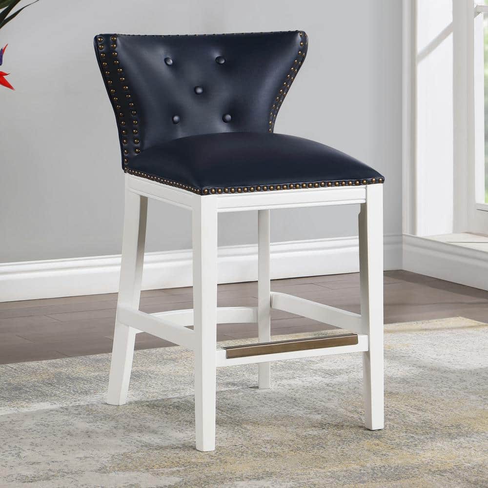 Marco 25 in. Midnight Blue Curved Back Solid Wood Counter Stool with Tufted