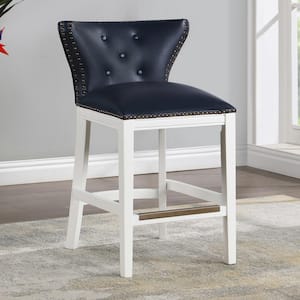 Marco 25 in. Midnight Blue Curved Back Solid Wood Counter Stool with Tufted Faux Leather Seat and Back