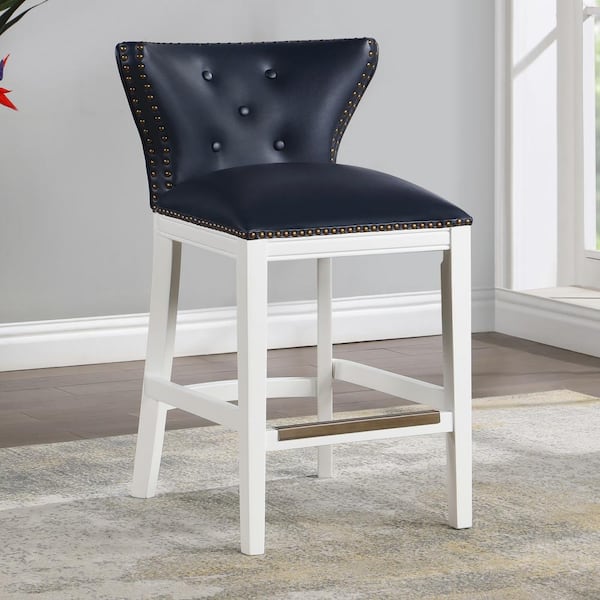 Unbranded Marco 25 in. Midnight Blue Curved Back Solid Wood Counter Stool with Tufted Faux Leather Seat and Back