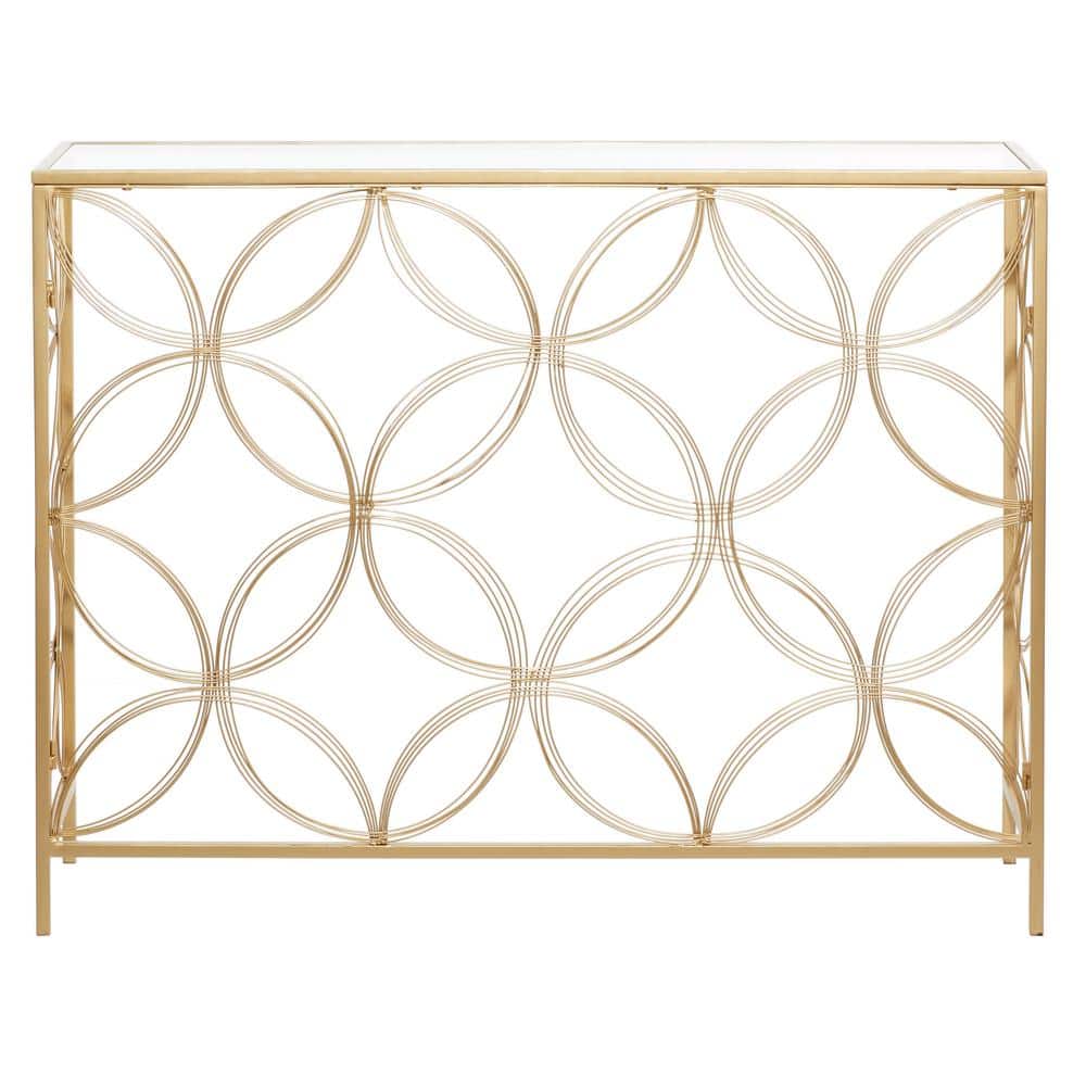 Harper Gold 42" Mirrored Metal Console Table with Quatrefoil Design