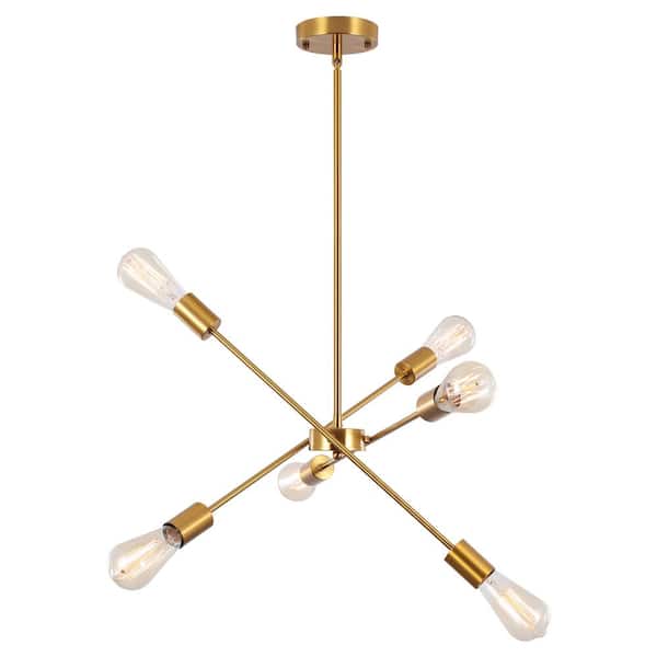 6-Light Gold Adjustable Linear Sputnik Chandelier Lighting for Kitchen Island