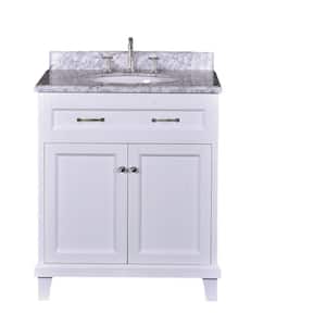 30 In. W x 22.4 In. D x 35 In. H Freestanding Bathroom Vanity in White with Solid Wood and Carrara Marble Top