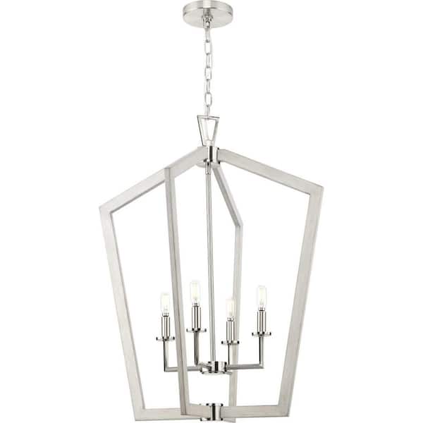Galloway 4-Light 30 in. Brushed Nickel Modern Farmhouse Foyer Light with Grey Washed Oak Accents