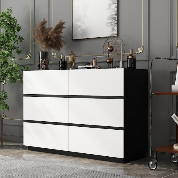 FUFU&GAGA Black and White 6-Drawers 47.2 in. Width Wooden Bedroom Storage Dresser, Chest of Drawers, Storage Cabinet