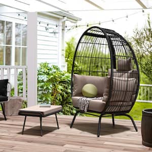 Black Wicker Outdoor Patio Egg Chair with Footrest and Khaki Cushion