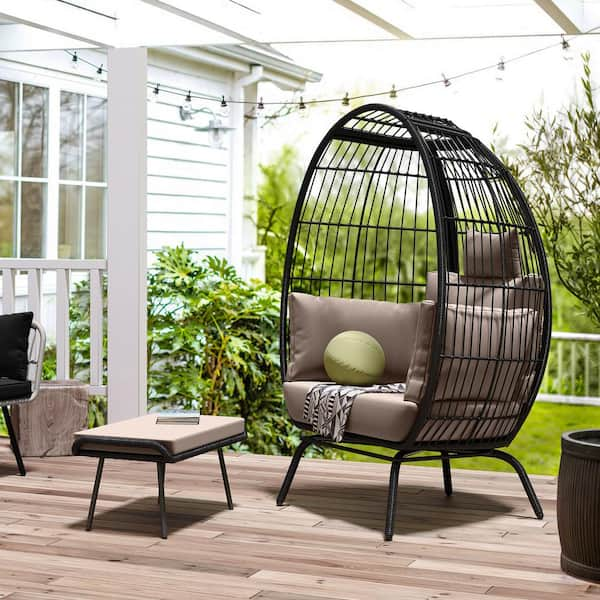 Black Wicker Outdoor Patio Egg Chair with Footrest and Khaki Cushion