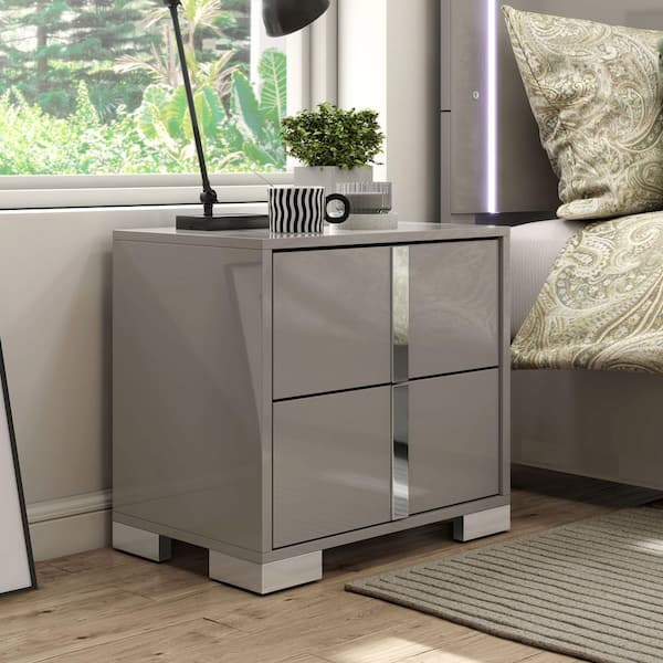 Mesala Taupe Gray 2-Drawer 23.5 in. W Nightstand with Chrome Accents and Legs, Vertical Chrome Handles