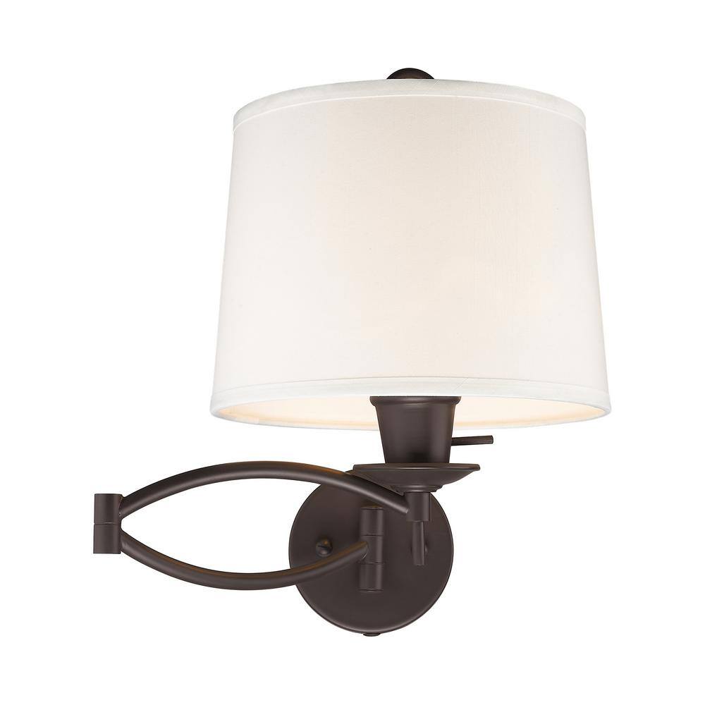 Transitional Bronze Swing Arm Wall Lamp with Off-White Linen Shade