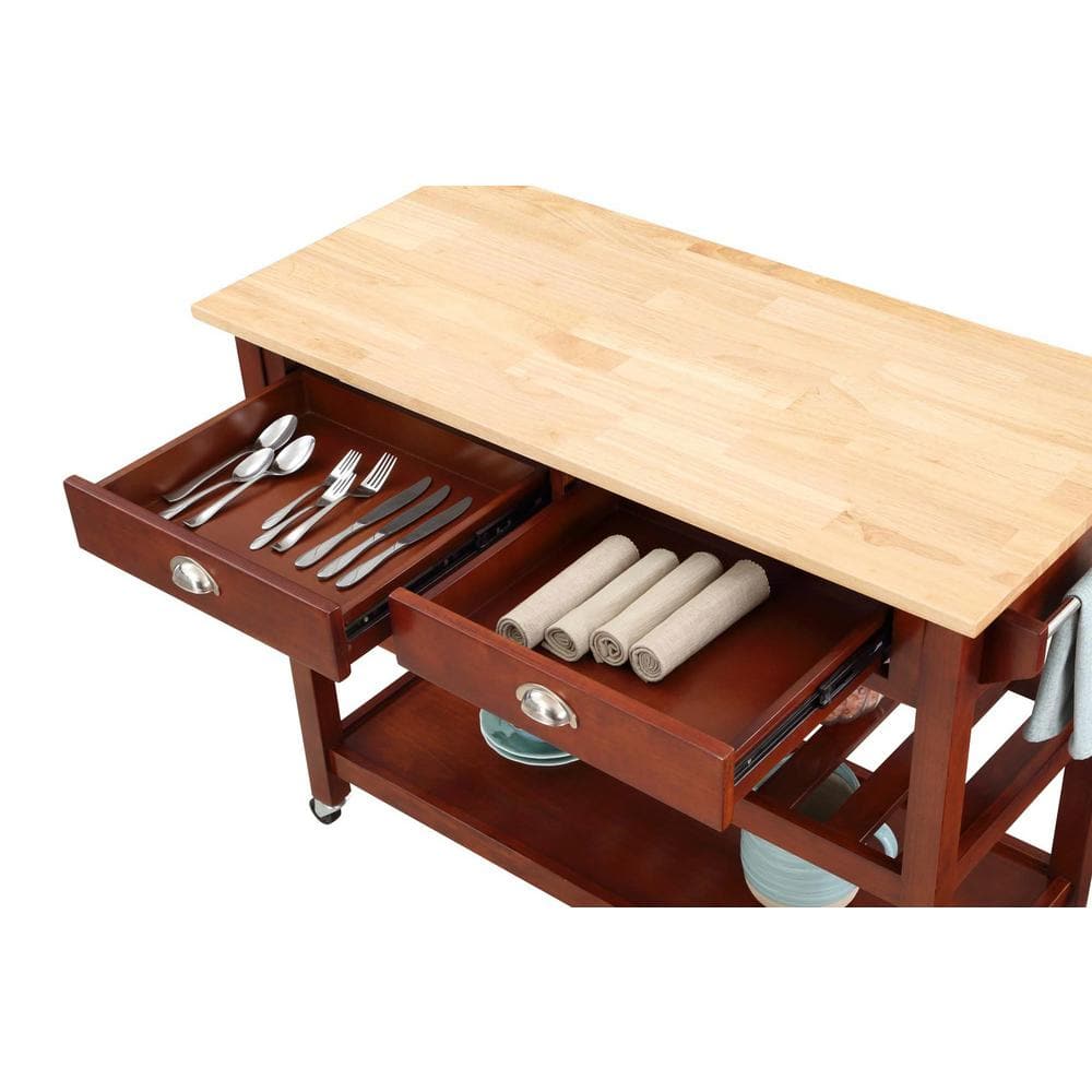 Mahogany Butcher Block Kitchen Cart with Wine Rack and Storage