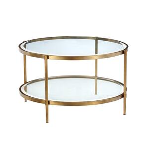 32 in. Gold Frame Medium Round Clear Glass Coffee Table with Storage Shelf