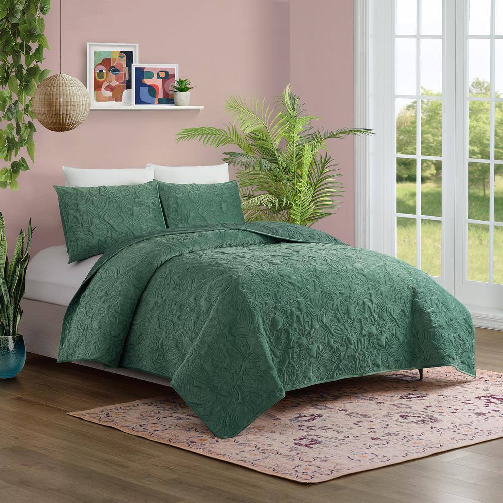 Emerald Green Velvet Full Quilt Set with Botanical Motif