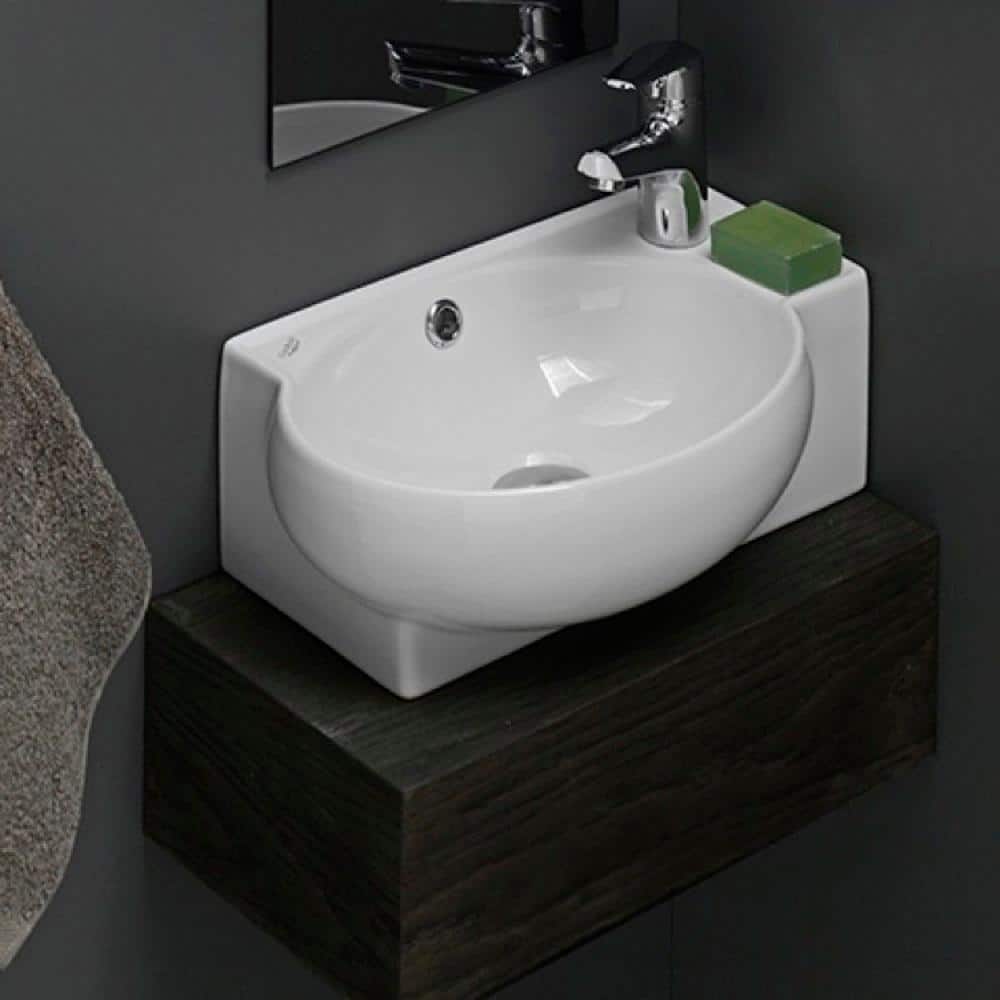 White Ceramic Wall-Mounted Corner Bathroom Sink with Overflow