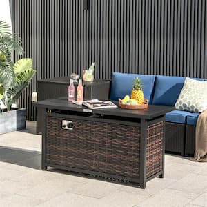 Wicker Propane Fire Pit Table with Glass Stones and Protective Cover Metal Frame