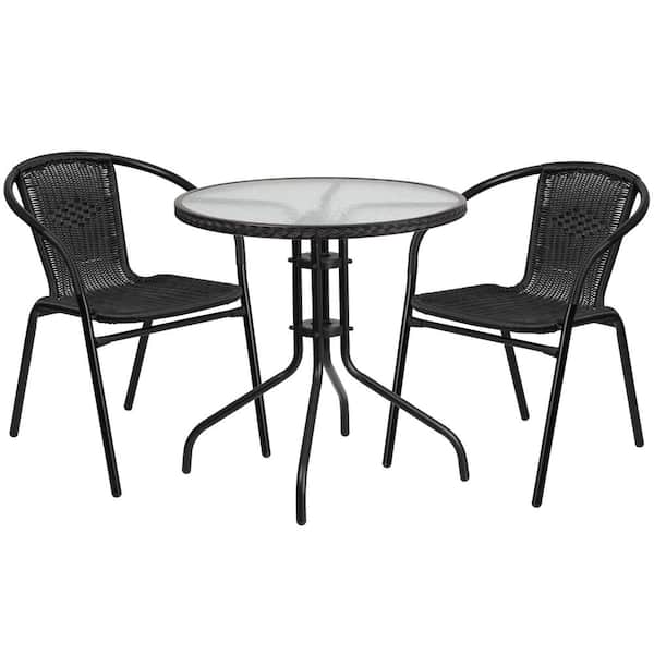 Carnegy Avenue 3-Piece Glass Round Outdoor Bistro Set in Clear Top/Black Rattan