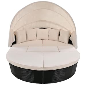 Black Wicker Outdoor Round Day Bed Sunbed with Beige Washable Cushions and Retractable Canopy
