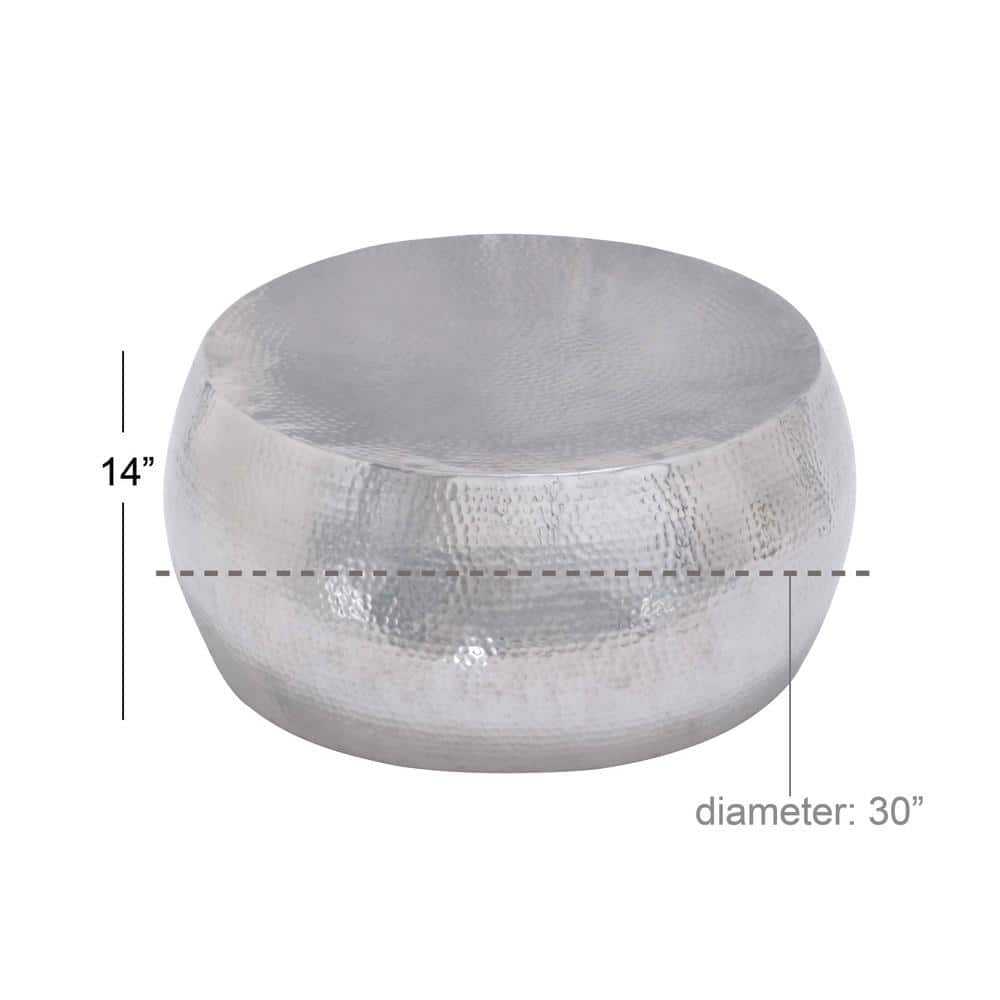 Silver Drum Shaped Metal Coffee Table with Lift-Top Storage