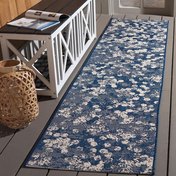 Courtyard Navy/Beige 2 ft. x 9 ft. Marle Indoor/Outdoor Runner Rug