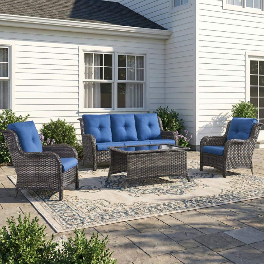 Wellcane 4-Piece Gray Wicker Patio Conversation Set Sofa Set, Coffee Table and Armchairs with Blue Cushions price history on PriceWatchPro