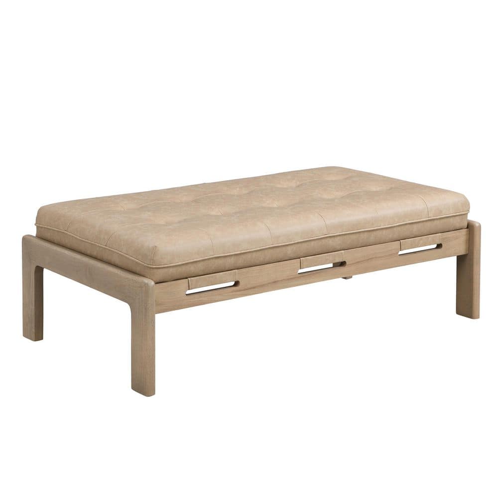 Taupe Brown Faux Leather Tufted Cocktail Ottoman with Rubberwood Base