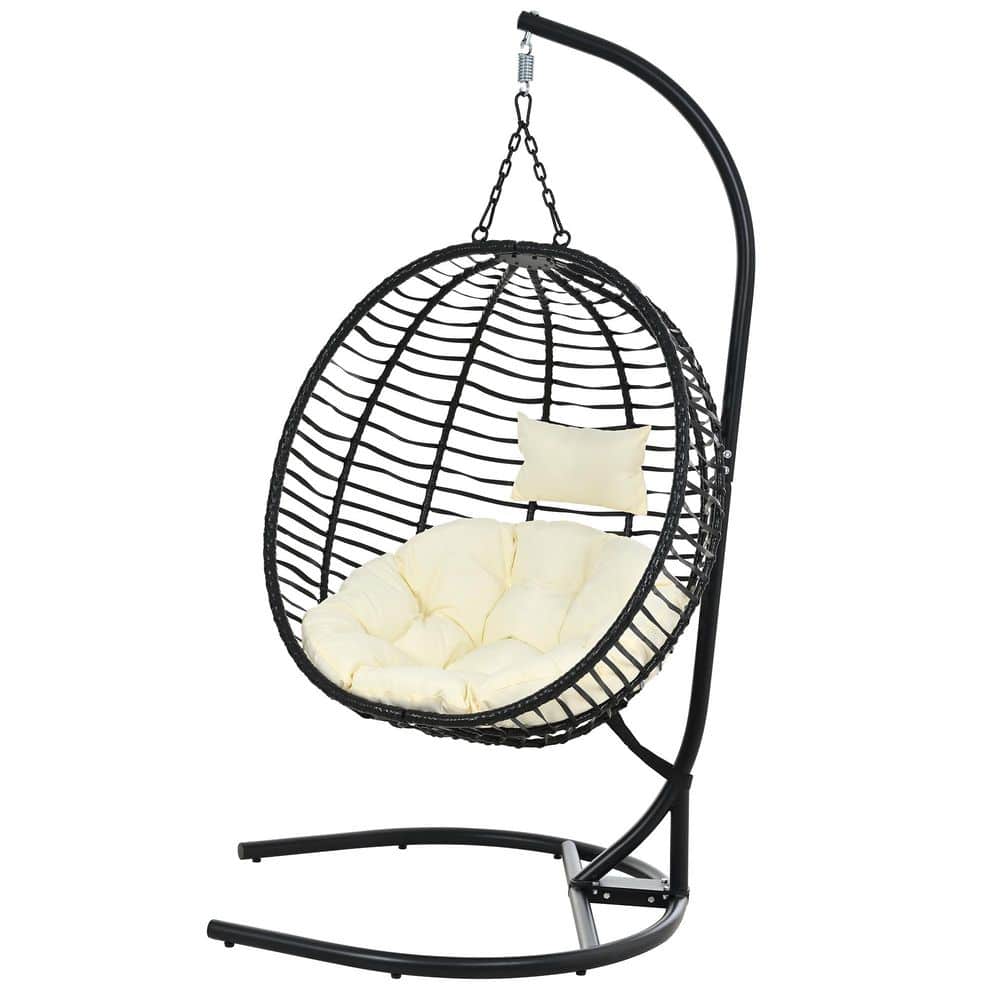 Black Metal 1-Person Outdoor Egg Hanging Chair with Stand Wicker Patio Swing Egg Chair with Beige Cushion for Balcony price history on PriceWatchPro