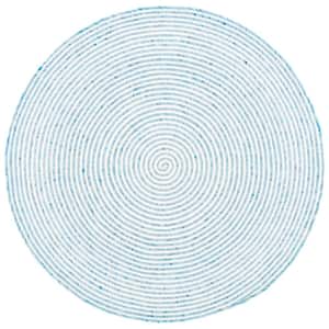 Braided Blue Ivory Doormat 3 ft. x 3 ft. Abstract Striped Round Area Rug