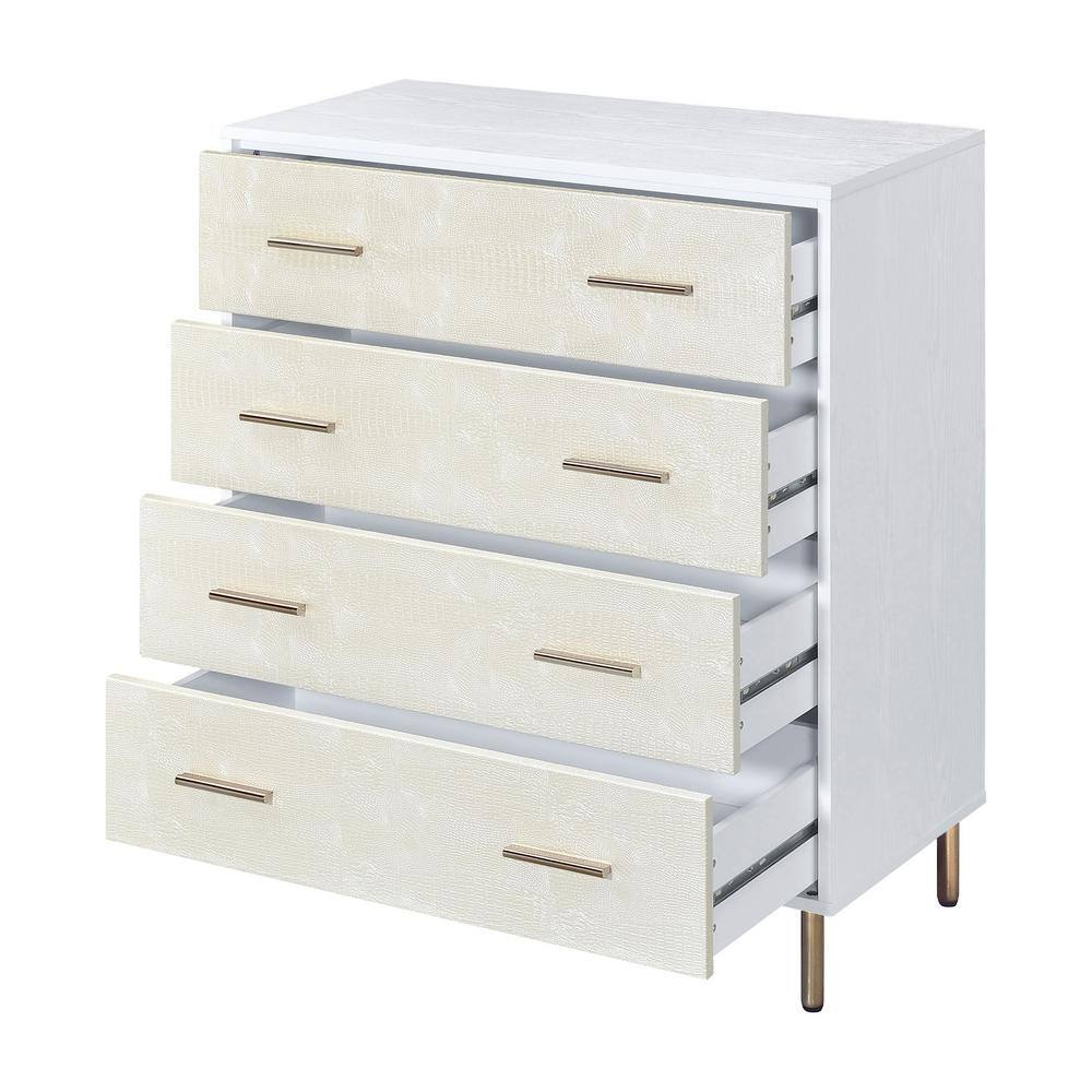 White and Gold 4-Drawer Chest with Crocodile Texture