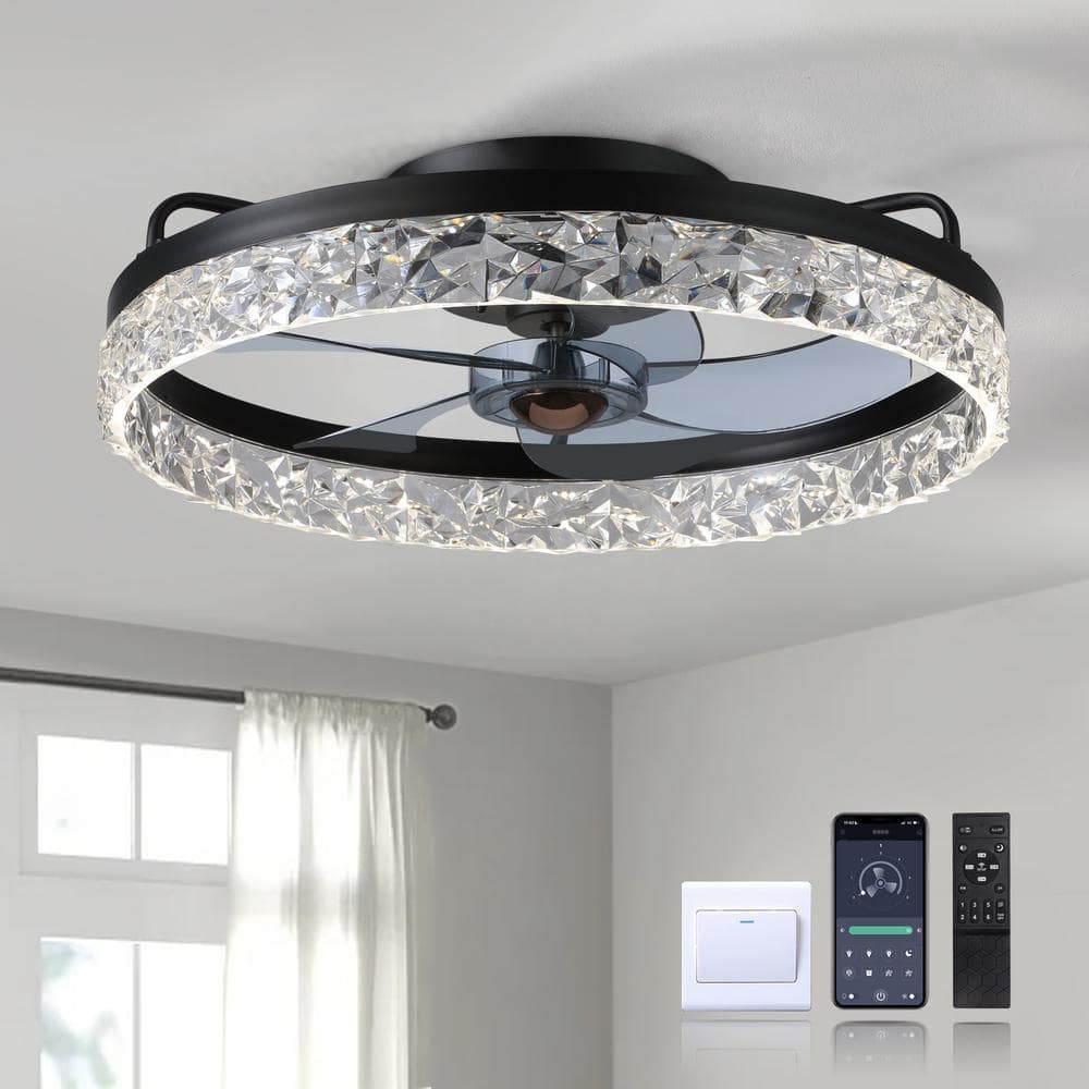 FANNEHONNE 19.6 in. LED Indoor Black Crystal Flush Mount Ceiling Fan ...