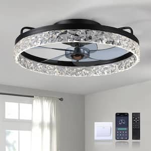 19.6 in. LED Indoor Black Crystal Flush Mount Ceiling Fan with Light Dimmable for Low Profile Bedroom
