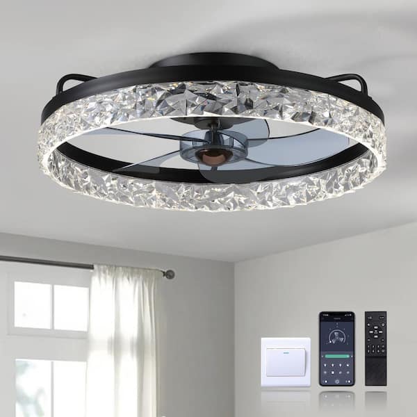 Fannehonne 19.6 In. Led Indoor Black Crystal Flush Mount Ceiling Fan 