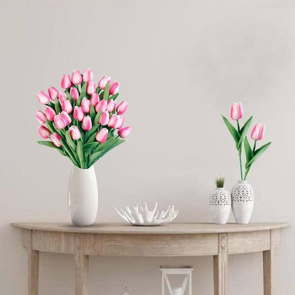 13 in. Pink Indoor Artificial Tulip Flower, Rose Pink, 30-Pieces