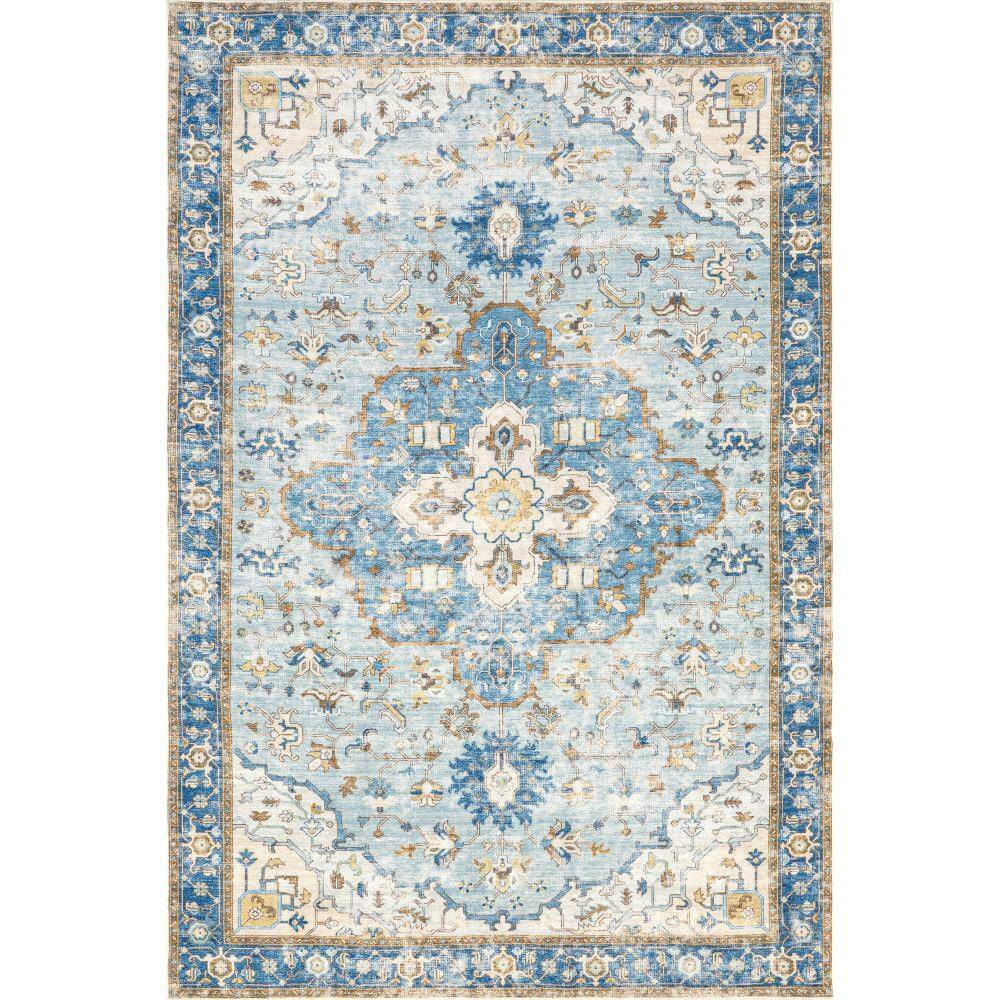 RUGS USA Amaryllis Medallion Machine Washable Dark Blue 9 ft. x 12 ft ...