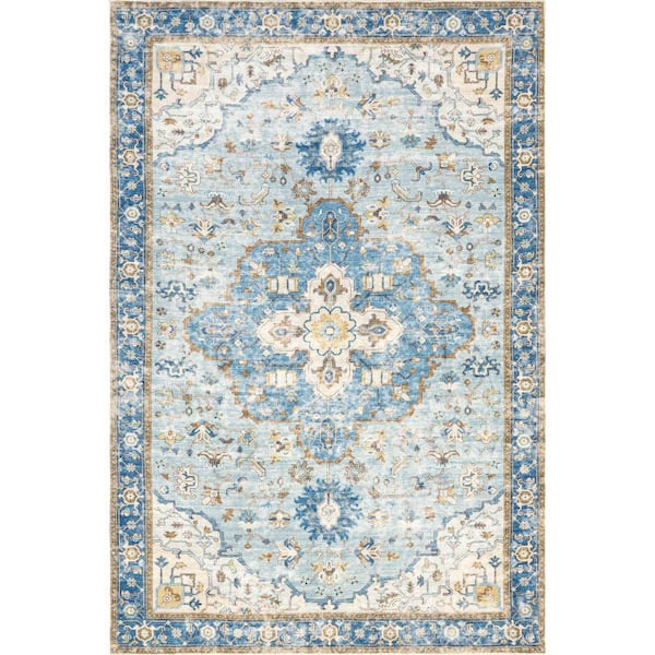 Amaryllis Medallion Machine Washable Dark Blue 9 ft. x 12 ft. Indoor/Outdoor Patio Area Rug