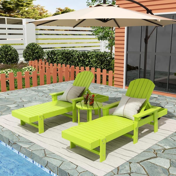 Altura 3-Piece Classic All Weather Adirondack Poly Reclining Outdoor Chaise Lounge Chair with Arms in Lime
