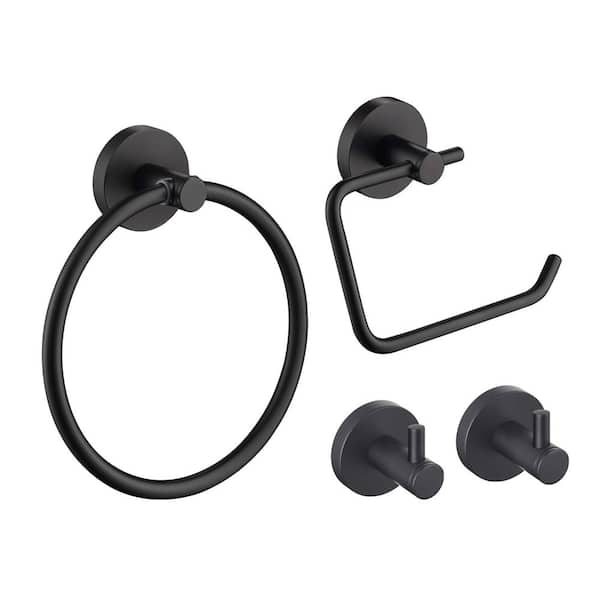 4-Piece Bathroom Hardware Set with Towel/Robe Hook Toilet Paper Holder Towel Ring in Matte Black
