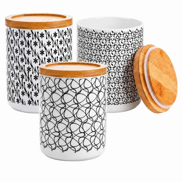 3-Piece 24 oz Ceramic Food Storage Canister Set with Airtight Bamboo Lids, Black Floral Pattern