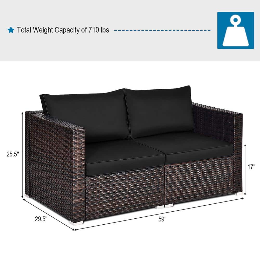 Black Wicker and Metal Two-Seater Outdoor Sectional Sofa