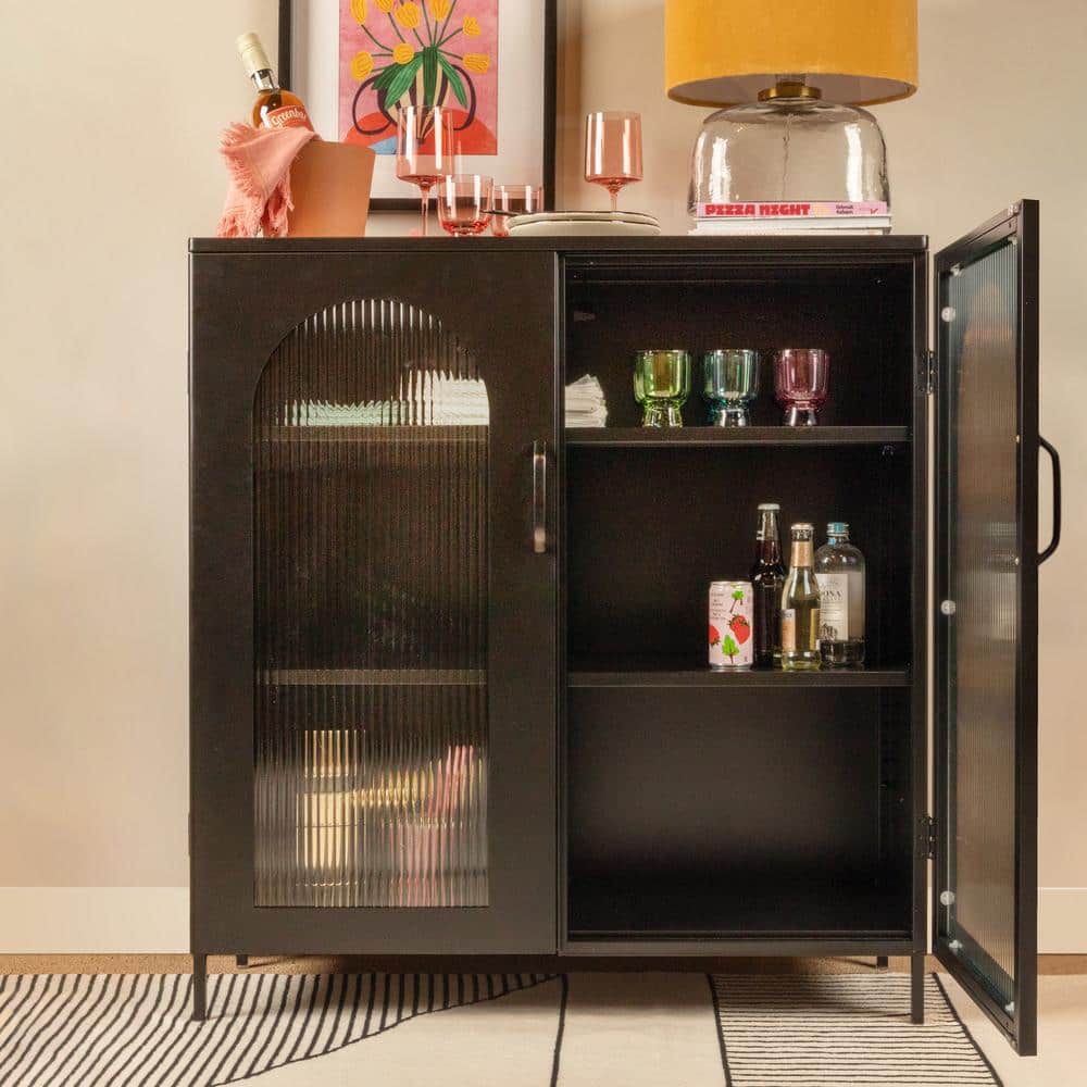 Solstice 40" Black Metal Accent Cabinet with Striated Glass Doors