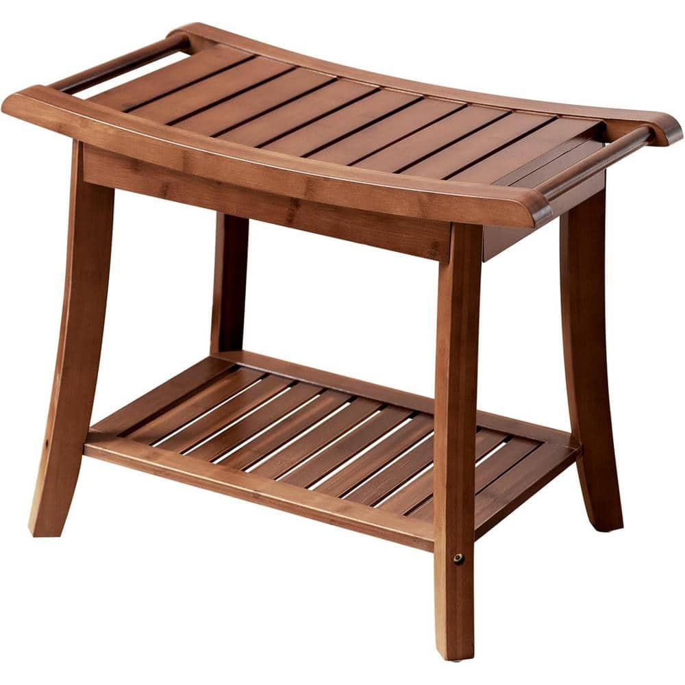 23.7 in. W, Waterproof Bamboo Shower Bench Stool with Storage Shelf in Ches
