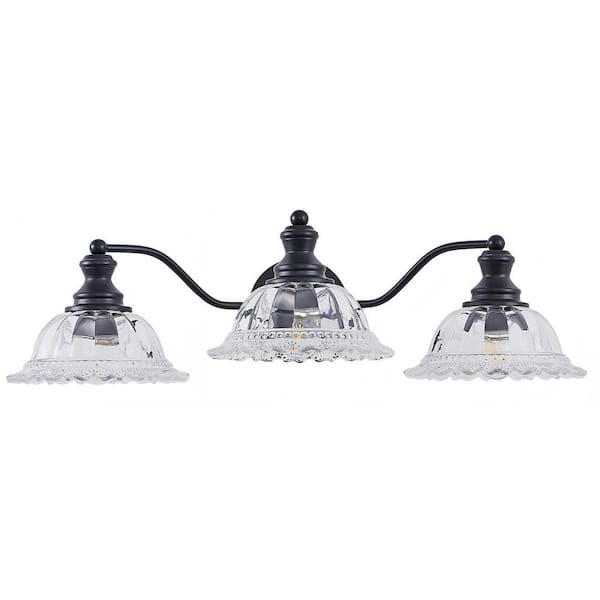 23 in. 3-Light Vintage Black Bathroom Wall Sconce with Glass Lampshade, Elegant Metal Vanity Light (Bulb Not Included)