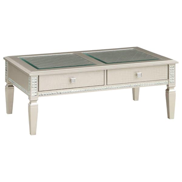 Benjara 28 in. Silver Rectangle Glass Coffee Table with 2-Drawers
