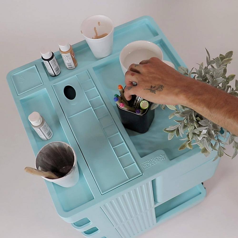Turquoise Rotating Plastic Mobile Storage Cart with Multiple Compartments