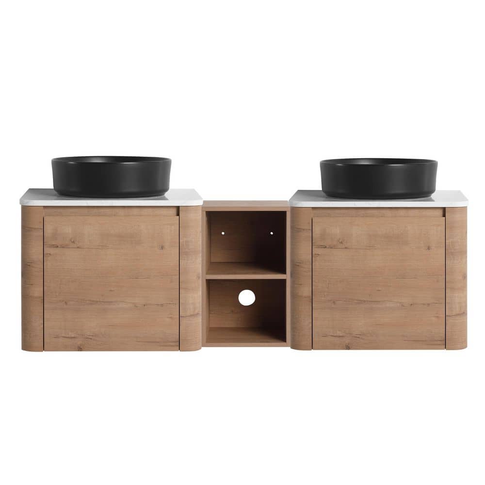 59.1 in. Floating Double Sink Imitative Oak Bath Vanity with White Engineered Stone Top and Black Ceramic Basin price history on PriceWatchPro