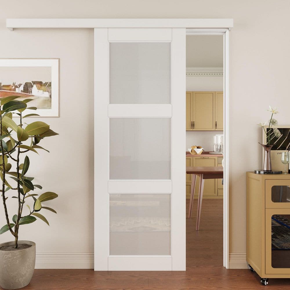 30 in. x 80 in. Hidden Track Style 3-Lite Tempered Frosted Glass White Primed MDF Sliding Barn Door with Hardware Kit price history on PriceWatchPro