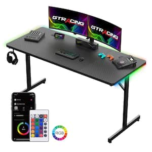 55 in. Gaming Desk with an RGB lighting strip Black T-Shaped Computer Desk Ergonomic Gaming Table