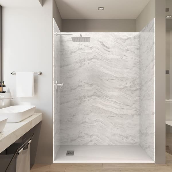 60 in. x 32 in. x 84 in. Alcove Solid Composite Stone Shower Kit - Sierra L Shower Walls and L/R WH Sand Shower Pan Base