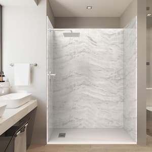 60 in. L x 32 in. Wx84 in. H Alcove Solid Composite Stone Shower Kit w/ Sierra Light Walls and L/R White Sand Shower Pan